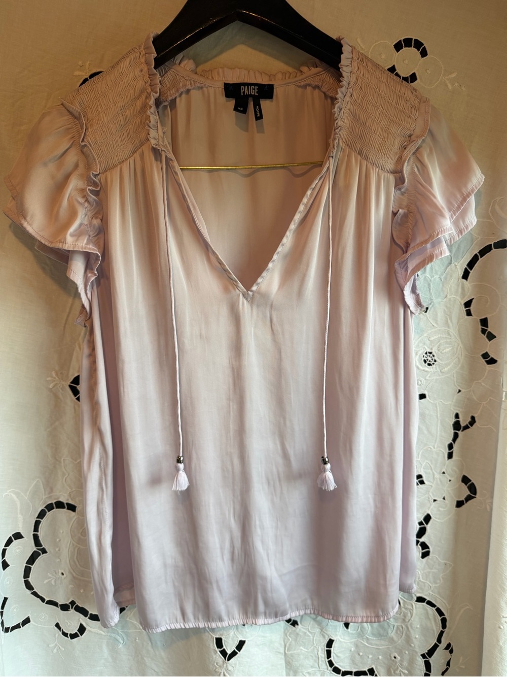 PAIGE Laramie Lavender Fog Satin Ruffle Blouse XS V-Neck Tie Tassel